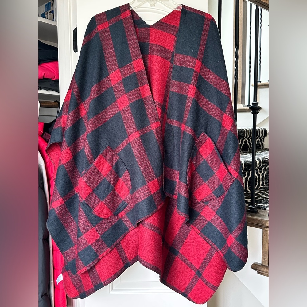 Navy and Red poncho, one-size fits all.